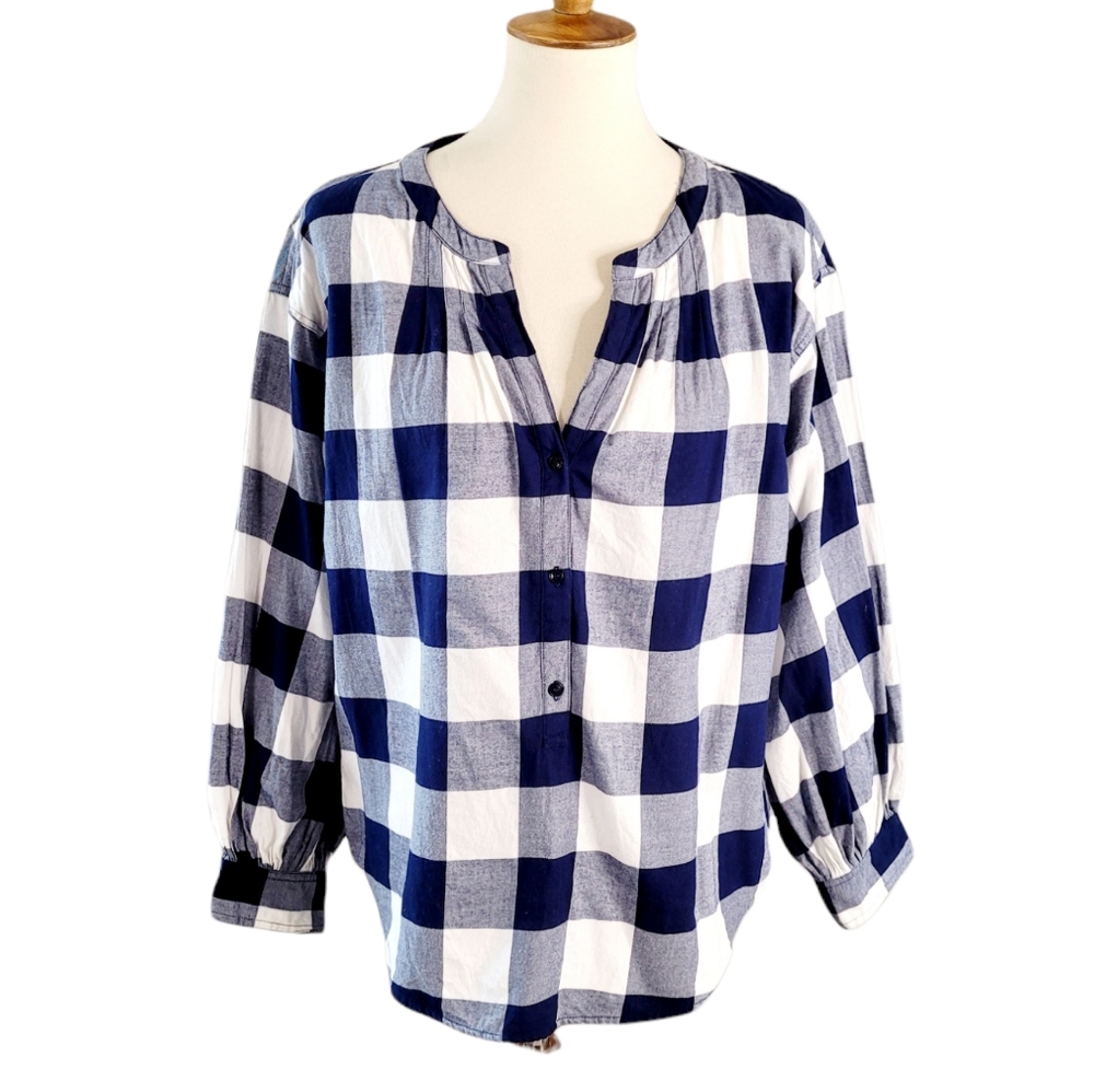 J.CREW Navy Buffalo Plaid Flannel Puff Sleeve Popover Shirt Top M